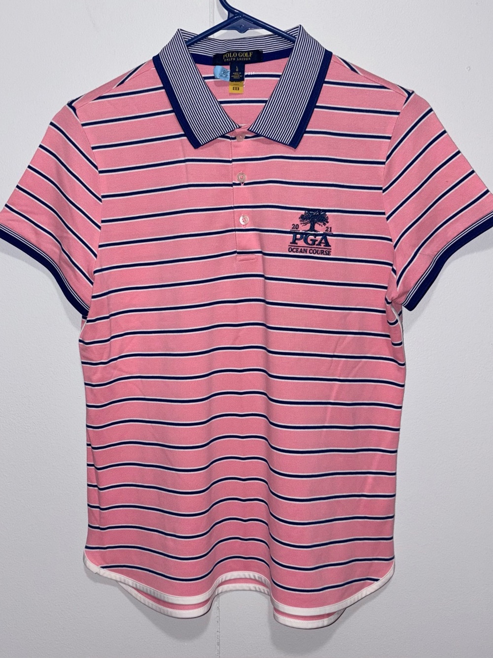Polo Golf Ralph Lauren Womens L Pink Stripe 2021 PGA Ocean Course Polo